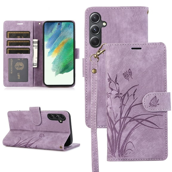 Allytech Wallet Flip Case for Samsung Galaxy S23 FE with Orchid Butterflies Embossed Pattern, Premium PU Leather Kickstand Magnetic Clasp Shockproof Case with Card Holder & Wrist Strap, Purple