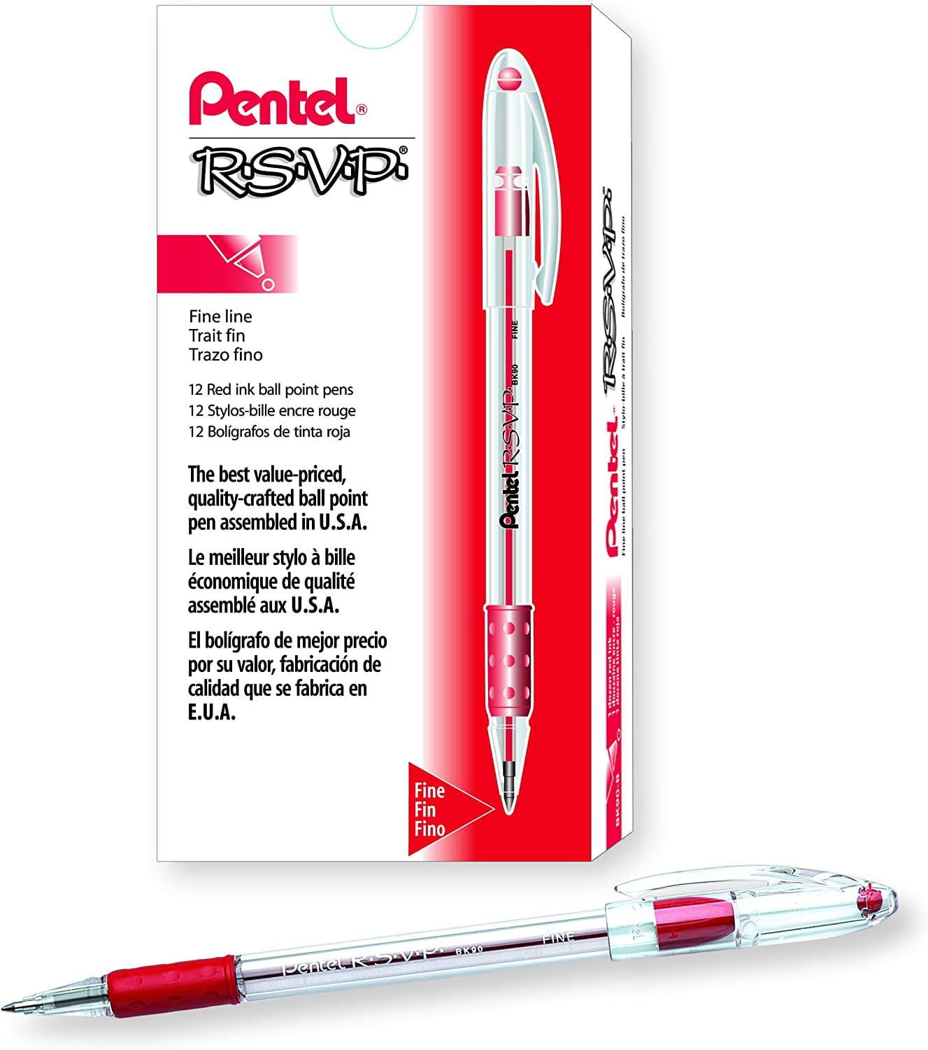 XUCP-R.S.V.P. Ballpoint Pen, Everyday Writing, Office Supplies, School Supplies, Long Lasting 1,400m Writing Distance, 0.7mm Medium Point, Red Ink, BK90-B, Box of 12