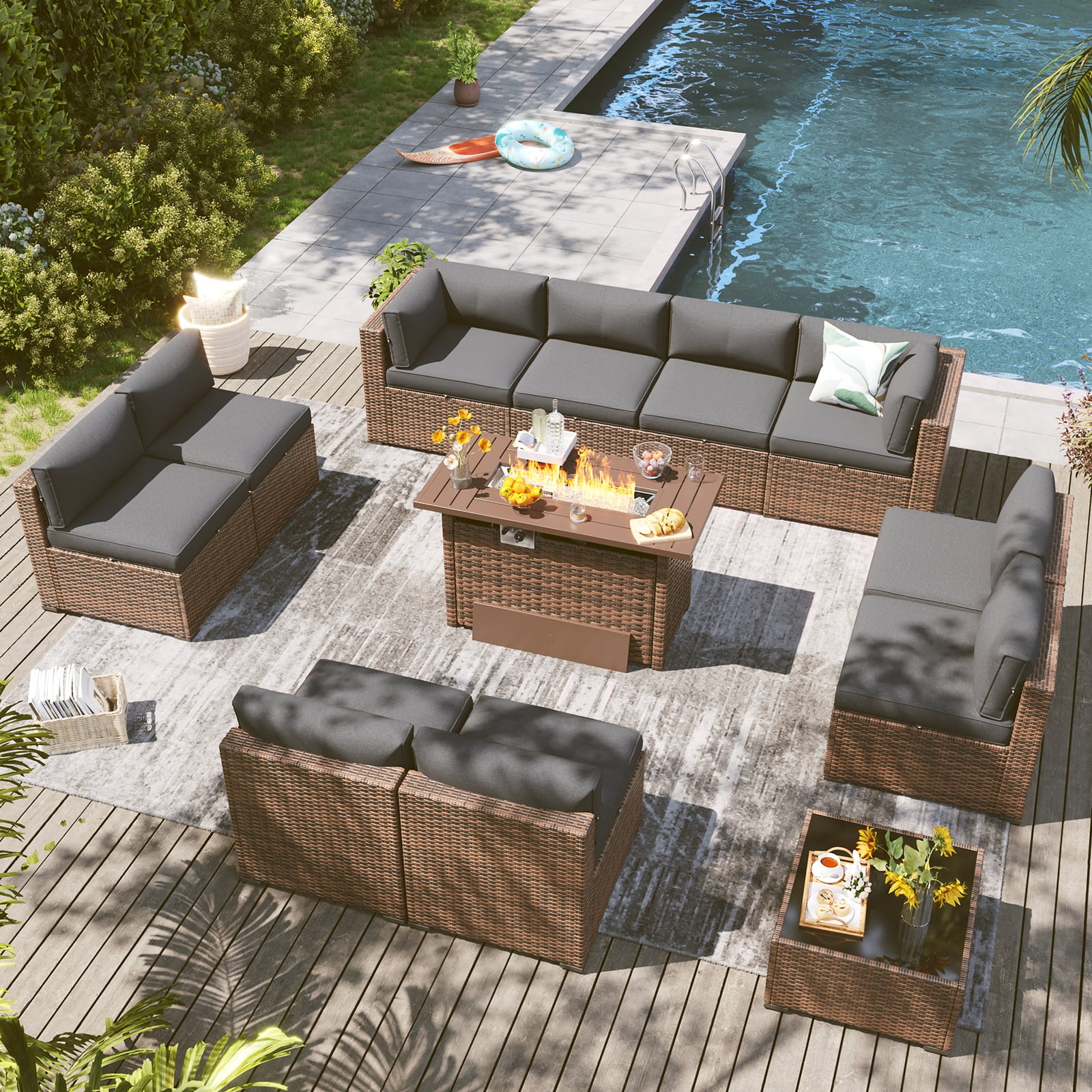 YardCache 12-Piece Outdoor Patio Furniture Set with 44" Fire Pit Table, All-Weather Wicker Rattan Sectional Sofa with Coffee Table & Cover (Grey)