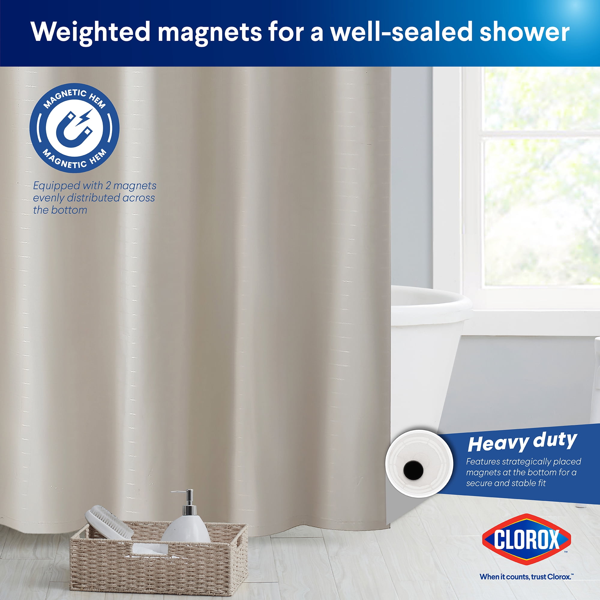 Clorox Solid Waterproof Fabric Shower Curtain, Standard Size, Tan, 72" x 72"