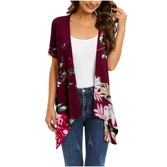 Savings Clearance Summer Light Weight Cardigan Women, Women's Basic Solid Short Sleeve Open Drape Front Cardigan Summer High Low Hem Tops Wine XXL # Today Show Deals of the Day