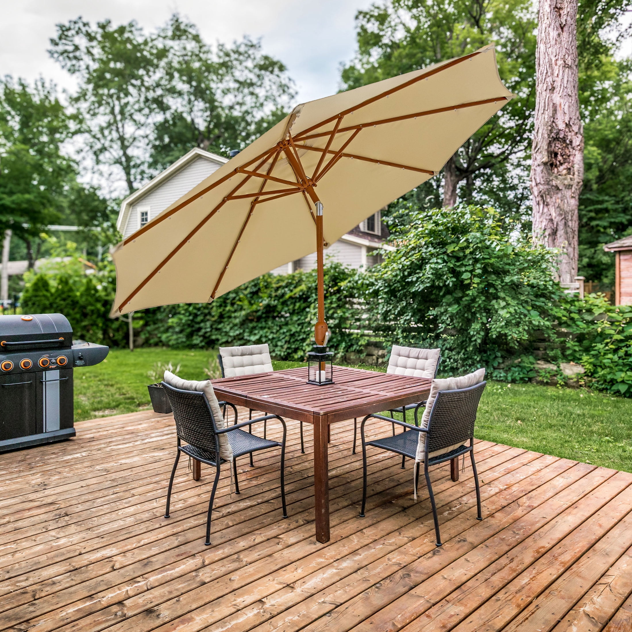 Sunnydaze 8.5 ft Outdoor Patio Umbrella with Push Button Tilt and Crank - Faux Woodgrain Finish - Large Vented Market Umbrella - Beige
