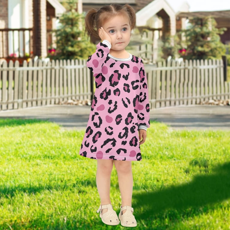 MNSRUU Long-sleeved dress Leopard Print Pink Pattern A-line dress with ribbed cuffs Soft and comfortable, Girl's, Size: 7-8Y