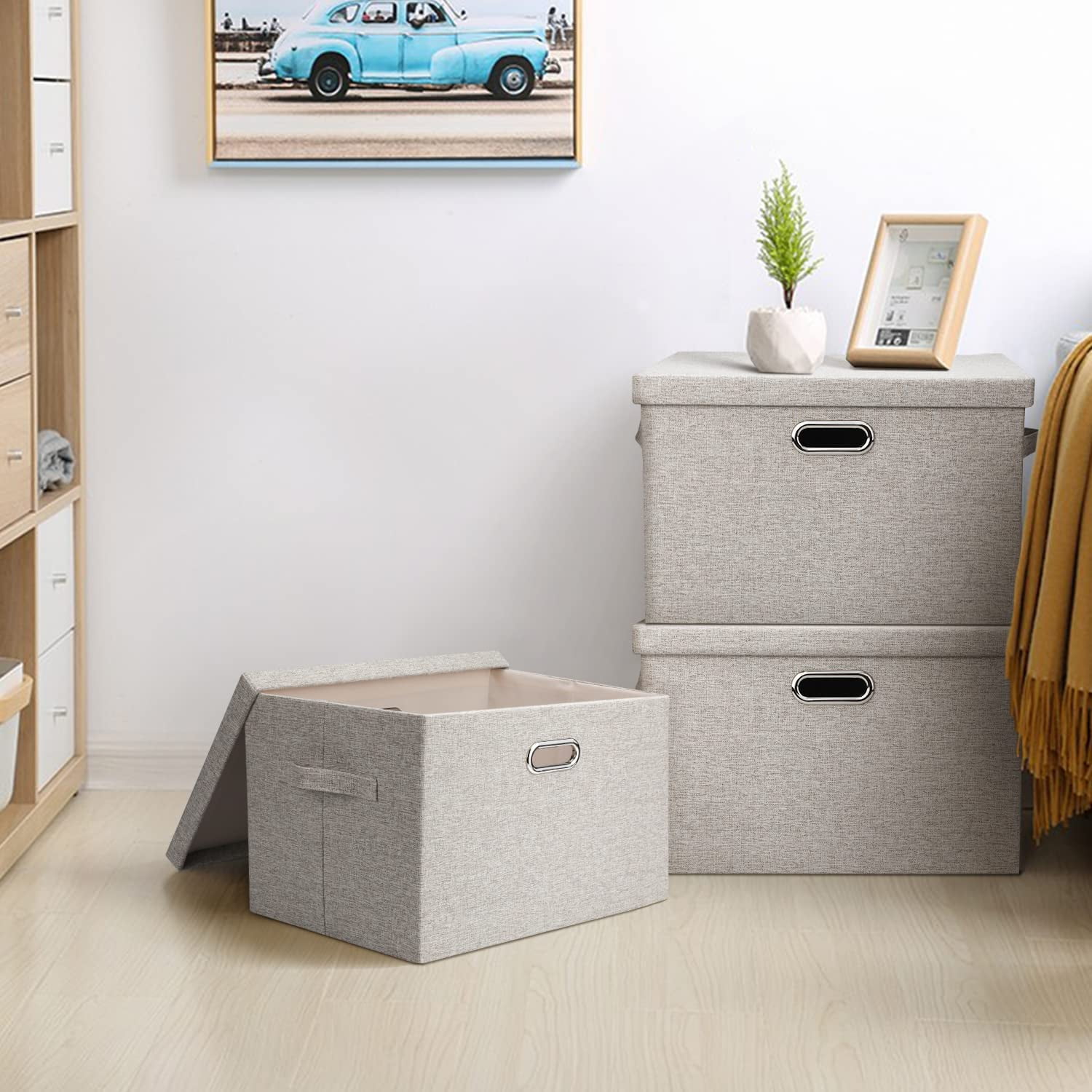Large 17" 36 Quart Collapsible Stackable Storage Bins with Lids, 5 Packs Linen Fabric Closet Boxes with Lids, Storage Cube Baskets Container Organizers for Bedroom Office(17 x12 x11)
