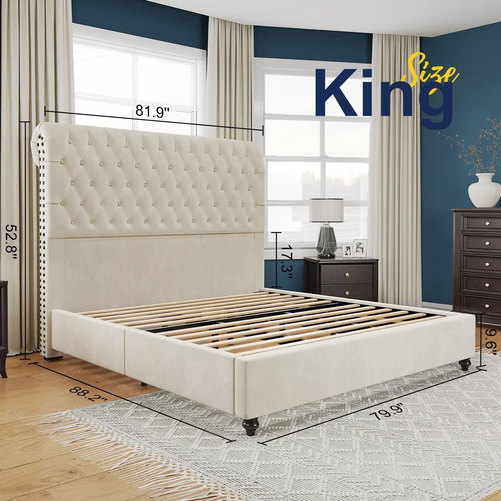 PLAUIN King Bed Frame with Sleigh and Button Tufted Headboard,Velvet Upholstered,Gream