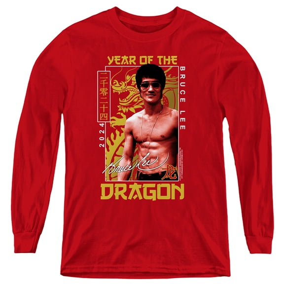Bruce Lee Framed Year of the Dragon Kids Long Sleeve T Shirt (Large) for Youth Boys and Girls, Red