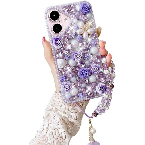 for iPhone 16 Plus Case,Cute Bling Glitter Sparkle Stunning Stones Diamond Rhinestone 3D Handmade Pearl Rose Flower with Wrist Lanyard for Women Girly for iPhone 16 Plus (Purple)