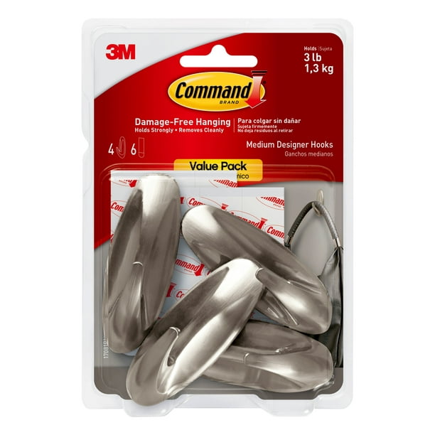 Command™ Medium Designer Hooks, Brushed Nickel, 4 Hooks, 6 Strips