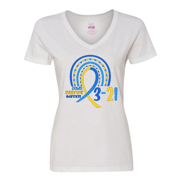 Inktastic 3-21 World Down Syndrome Day Blue and Yellow Rainbow Ribbon Women's V-Neck T-Shirt