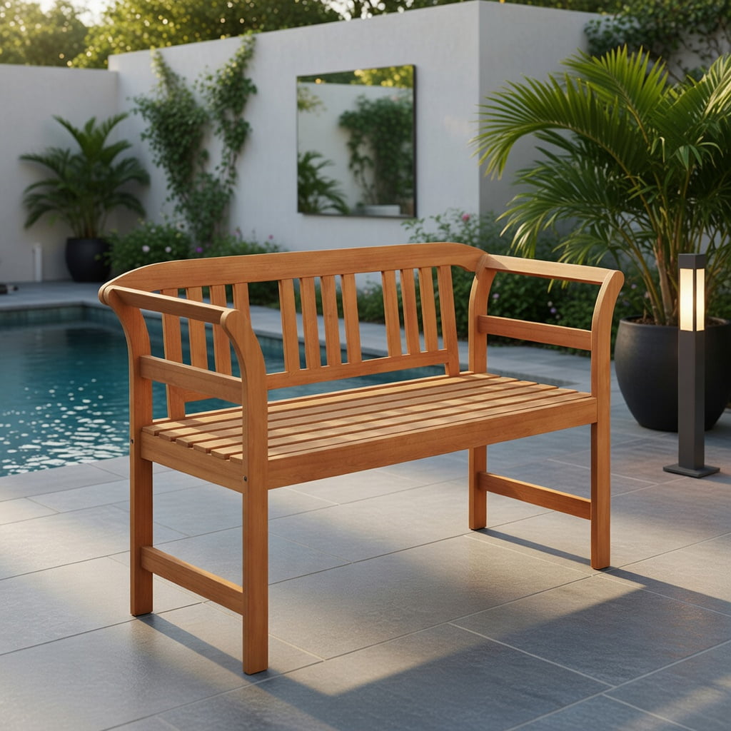 Hommoo Acacia Wood Outdoor Loveseat for 2, Sturdy Patio Bench with Backrest & Armrests, Easy Assembly, Natural