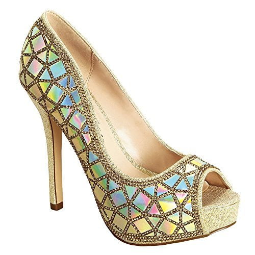 Fourever Funky Shimmer Gold Rhinestone Peep Toe Stiletto Heel Pumps