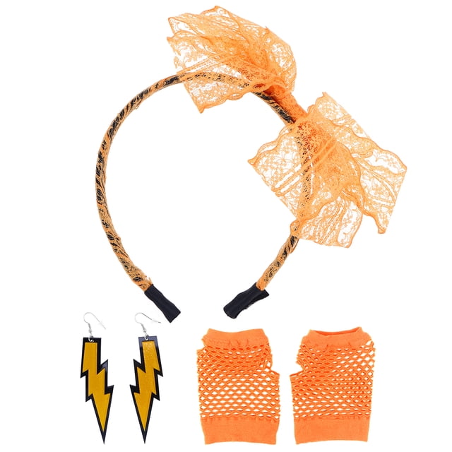 KAKOWELY Diadema de encaje de los 80, pendientes de neón, guantes de rejilla sin dedos para fiesta de los 80 (naranja)