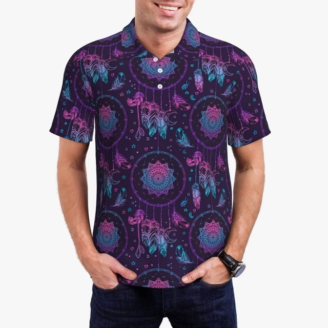 Balery Purple Dreamcatcher1 Camisa Polo de Hombre con Estampado, de Manga Corta y Tejido Medio, Camisa Tipo Golf Polo-Small