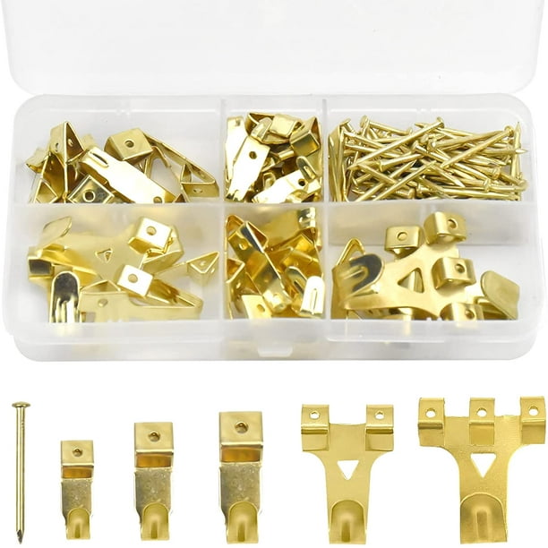 130 Pcs Metal Wall Hook, Picture Frame Hook Hanging Hooks with Screws  Picture Hanging Kit(Gold Color) 