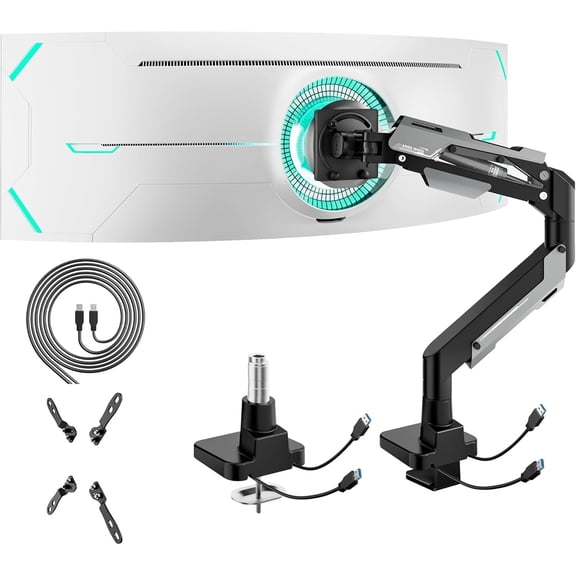 ARES WING Heavy Duty Ultrawide Monitor Arm with USB-A & USB-C for 24"-57" Screens, Aluminum Gas Spring Monitor Arm Desk Mount Holds up to 66 lb, Adjustable VESA Monitor Mount 75/100/200, Black