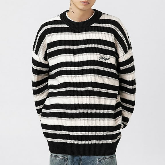 Juslio Men Sweaters Pullovers Sweaters Striped Crew Neck Long Sleeve Thickened Black