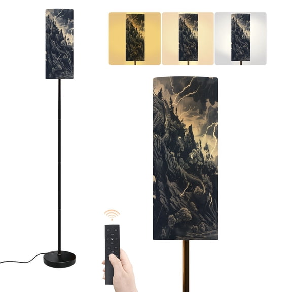 Floor Lamp Electric Storm Dragon Crag Gothic Woodcut Dimmable Modern Standing Lamp with Lampshade Remote Footswitch Tall Pole Corner Lamp for Living Room Bedroom Office