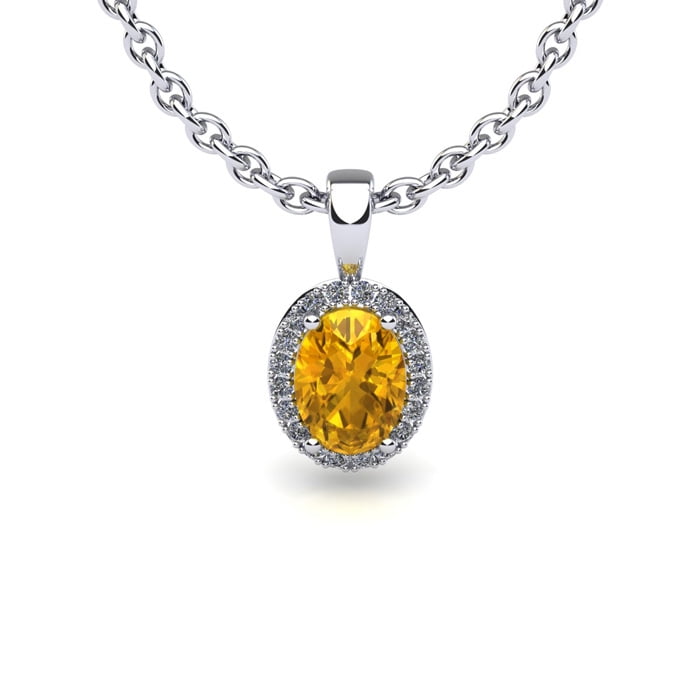 1 1 4 Carat Oval Shape Citrine and Halo Diamond Necklace In 14 Karat White Gold With 18 Inch Chain by SuperJeweler
