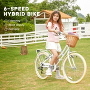 Glerc Missy 24 Girl Cruiser Kids Bike Shimano 6-Speed Teen Hybrid City Bicycle with Rack for Youth Ages 7 8 9 10 11 12 13 14 Years Old Wicker Basket & Lightweight, White