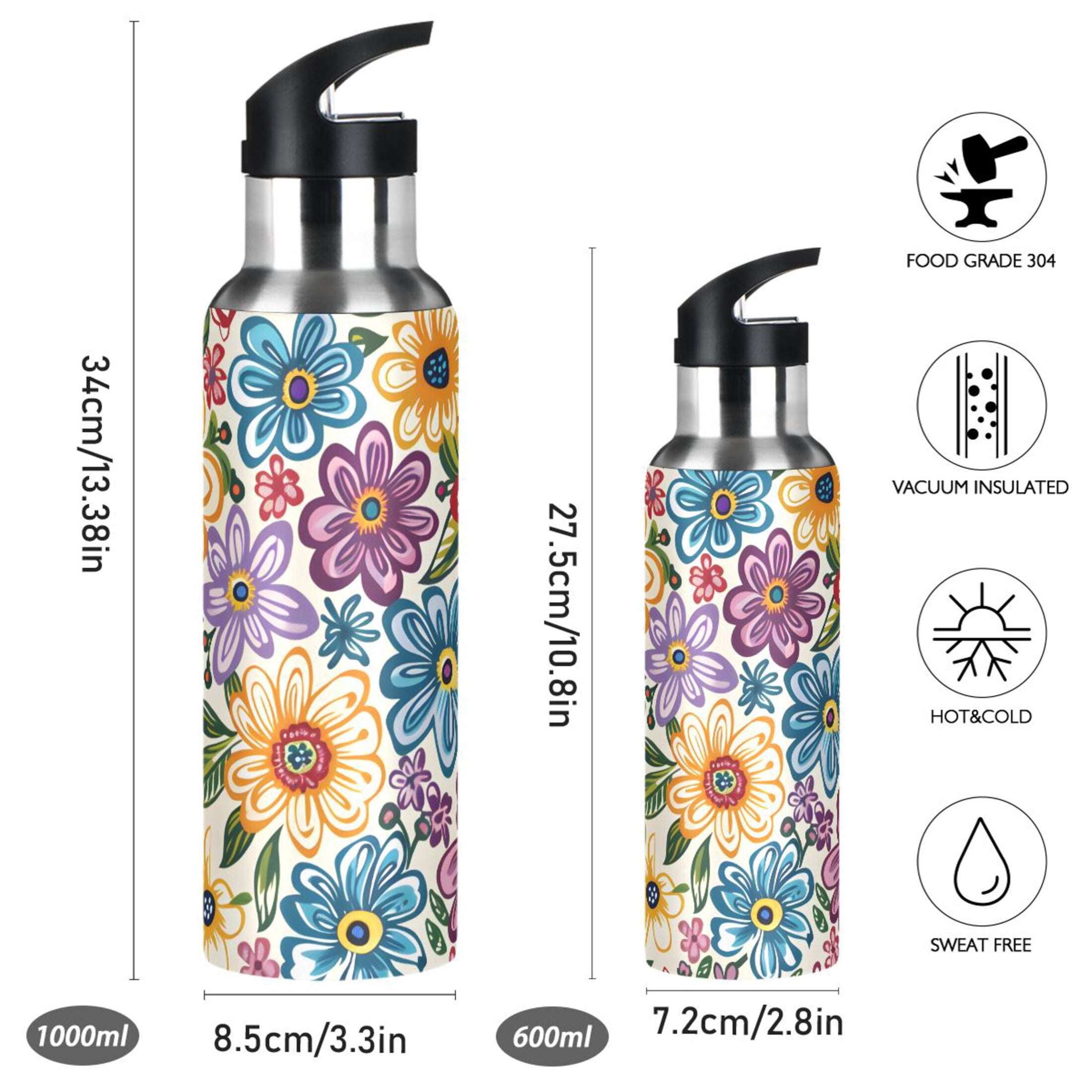 Colorful Floral Print Flowers Sports Water Bottle with Straw Lid Insulated Stainless Steel Leak Proof BPA Free Thermal Mug with Handle for Gym Yoga Cycling Camping