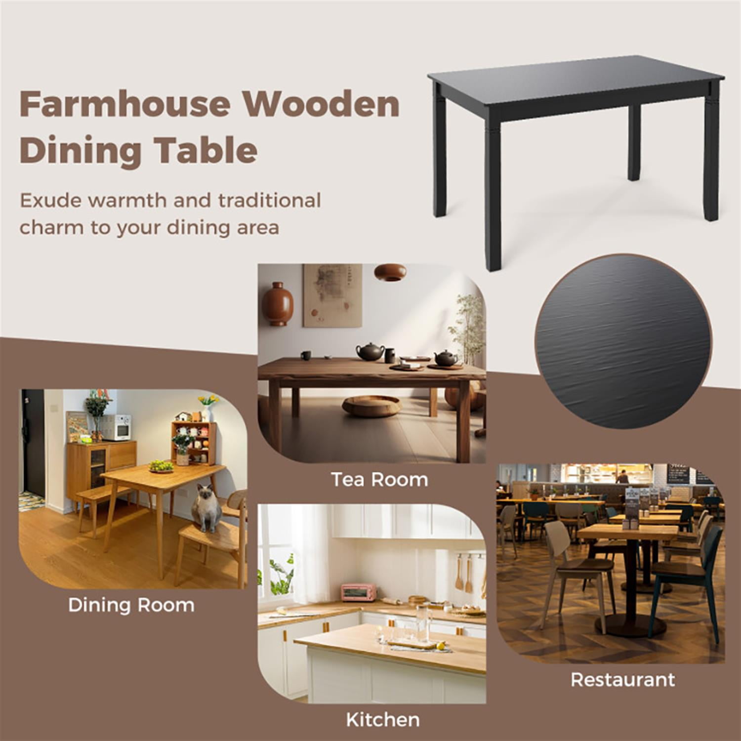 Demi Bonn 48" Dining Table with Rubber Wood Legs, Kitchen Table for 2-4 People, Rectangular Dinner Table for Home Office, Living Room Furniture, Black