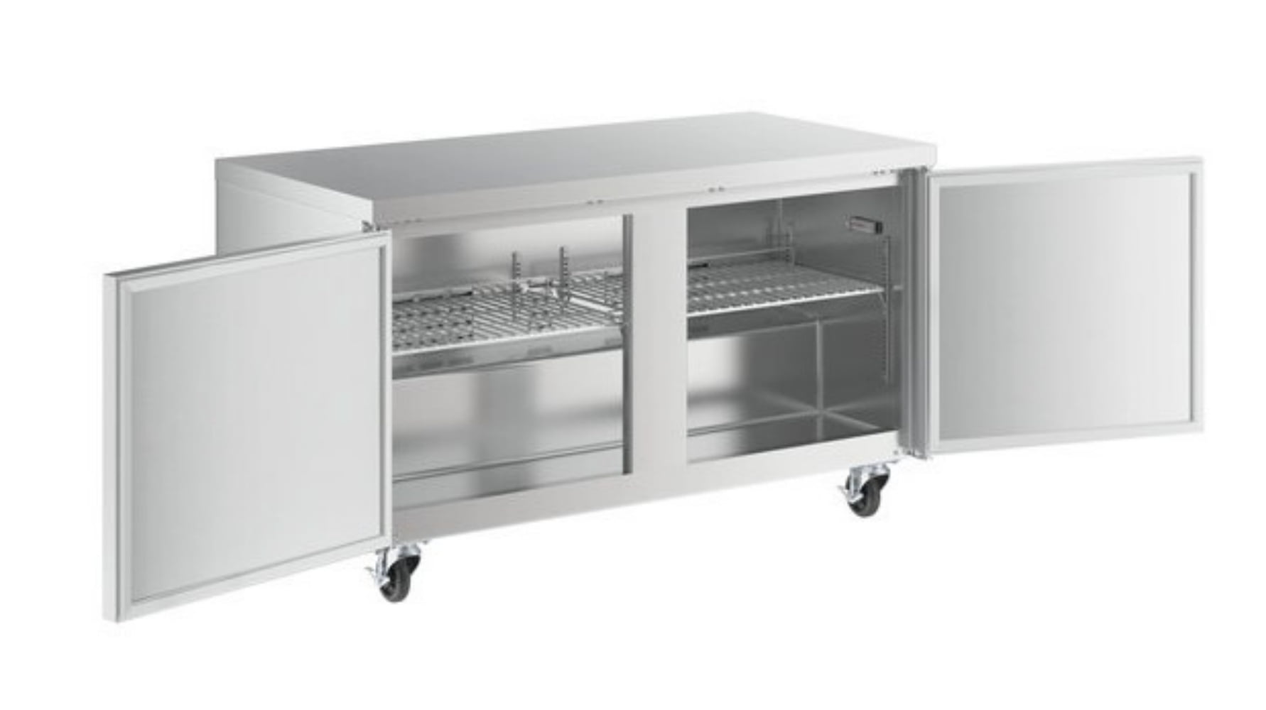 Cooler Depot 61 inch 14.1 cu.ft, 38" heigh Commercial Undercounter Freezer, 2 Solid Doors, Stainless steel exterior, NSF certified.