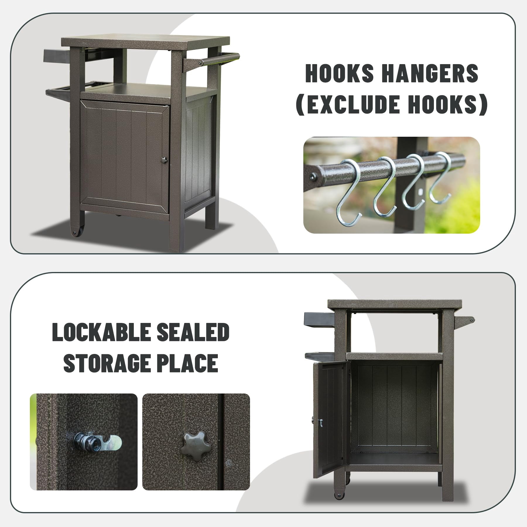 Grill Carts Outdoor with Storage and Wheels, Whole Metal Portable Table and Storage Cabinet for BBQ, Deck, Patio, Backyard