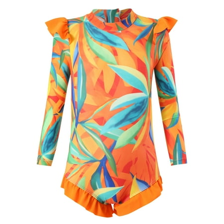 Hiijoy Little Girls Long Sleeve Zip-Up Rash Guard Tropical Ruffle One-Piece Swimsuit