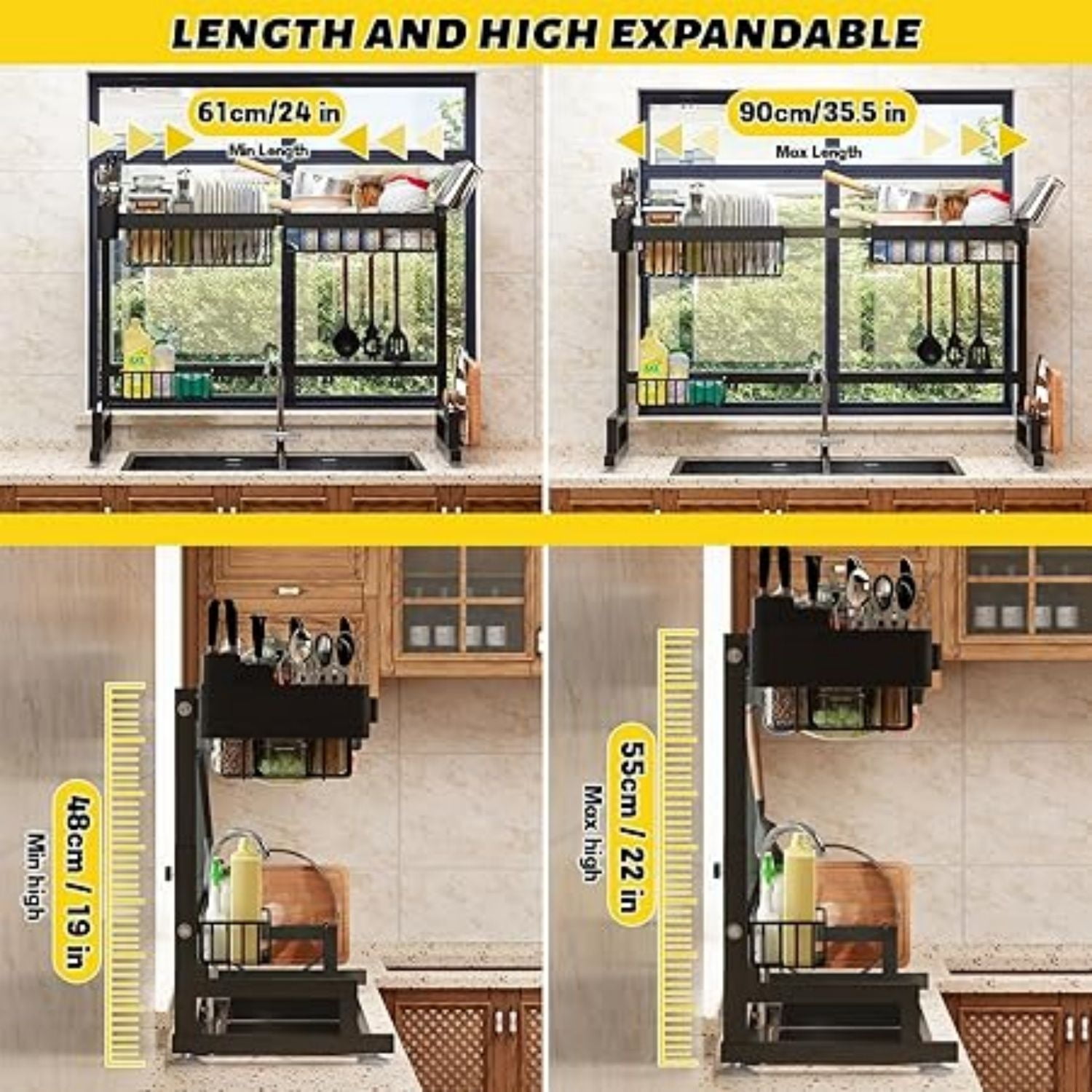 Over Sink Dish Drying Rack (Expandable Height/Length) Snap-On Design Large Dish Drainer Storage Counter Organizer 24" - 35.5"(L) x 12"(W) x 19" - 22"(H)