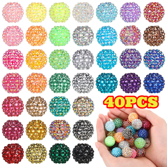 40pcs Resin Rhinestone Beads for Pens Bracelets, 20 mm Sparkly Chunk Round Disco Balls Bubblegum Beads for Jewelry Making