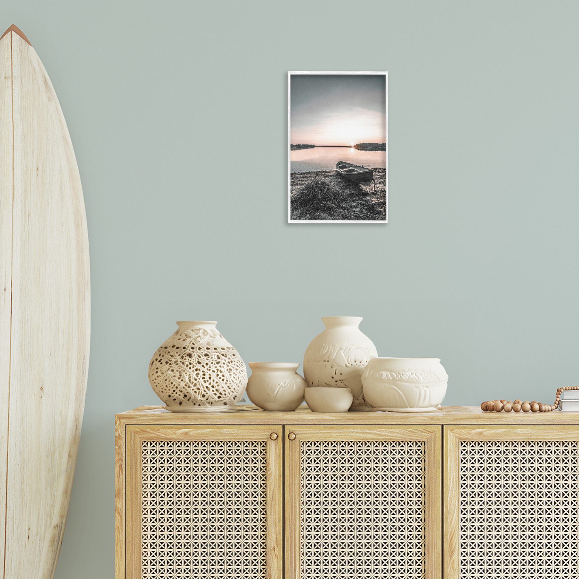Stupell Industries Deserted Canoe on Shore Landscape Photography White Framed Art Print Wall Art, 12 x 18