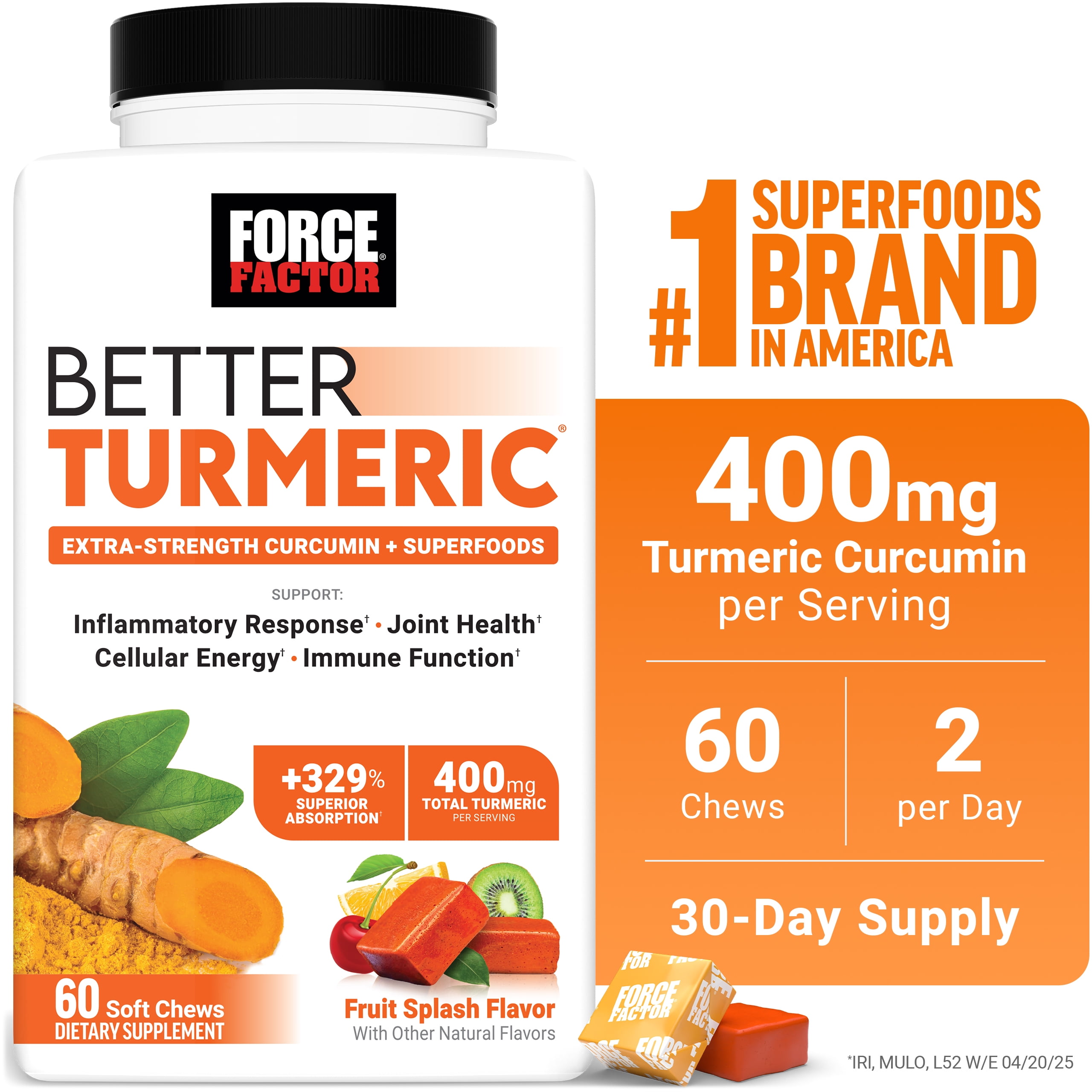 (2 pack) Force Factor Better Turmeric, Turmeric Curcumin Supplement with Ginger for Joint Health & Inflammation Support, Fruit Splash, 60 Soft Chews