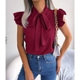 thumbnail image 3 of Blusas de gasa con cuello de pajarita de verano para mujer, blusas elegantes de Color puro adelgazantes con cordones, camisas de manga con volantes para mujer, rojo vino M, 3 of 8
