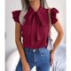 thumbnail image 3 of Blusas de gasa con cuello de pajarita de verano para mujer, blusas de moda elegantes de Color puro que adelgazan con cordones, camisas de manga con volantes para mujer, rojo vino S, 3 of 8