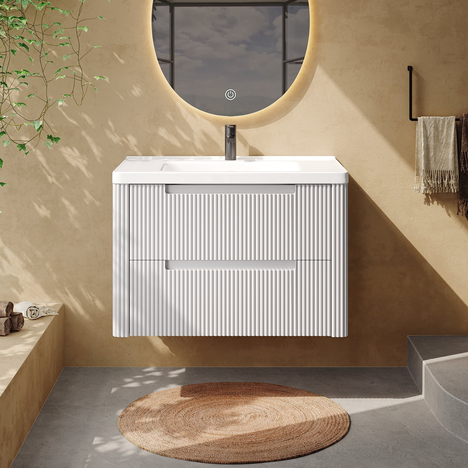 ROGALIS 32" Modern Bathroom Vanity, 2-Drawer, glossy resin Sink, Fluted Design,White