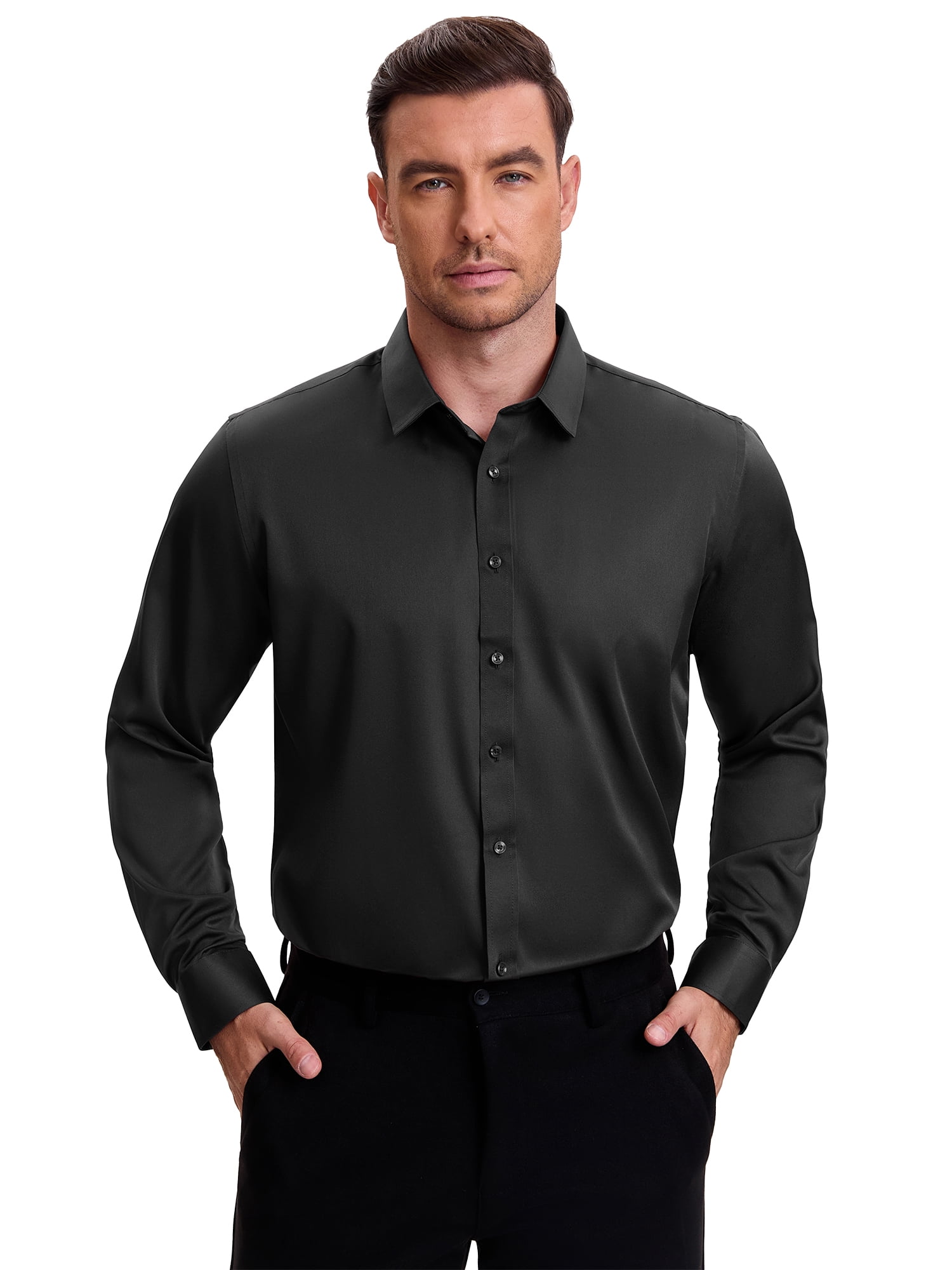 DARING DIVA Men's Point Collar Long Sleeve Button Down Formal Shirts S Black