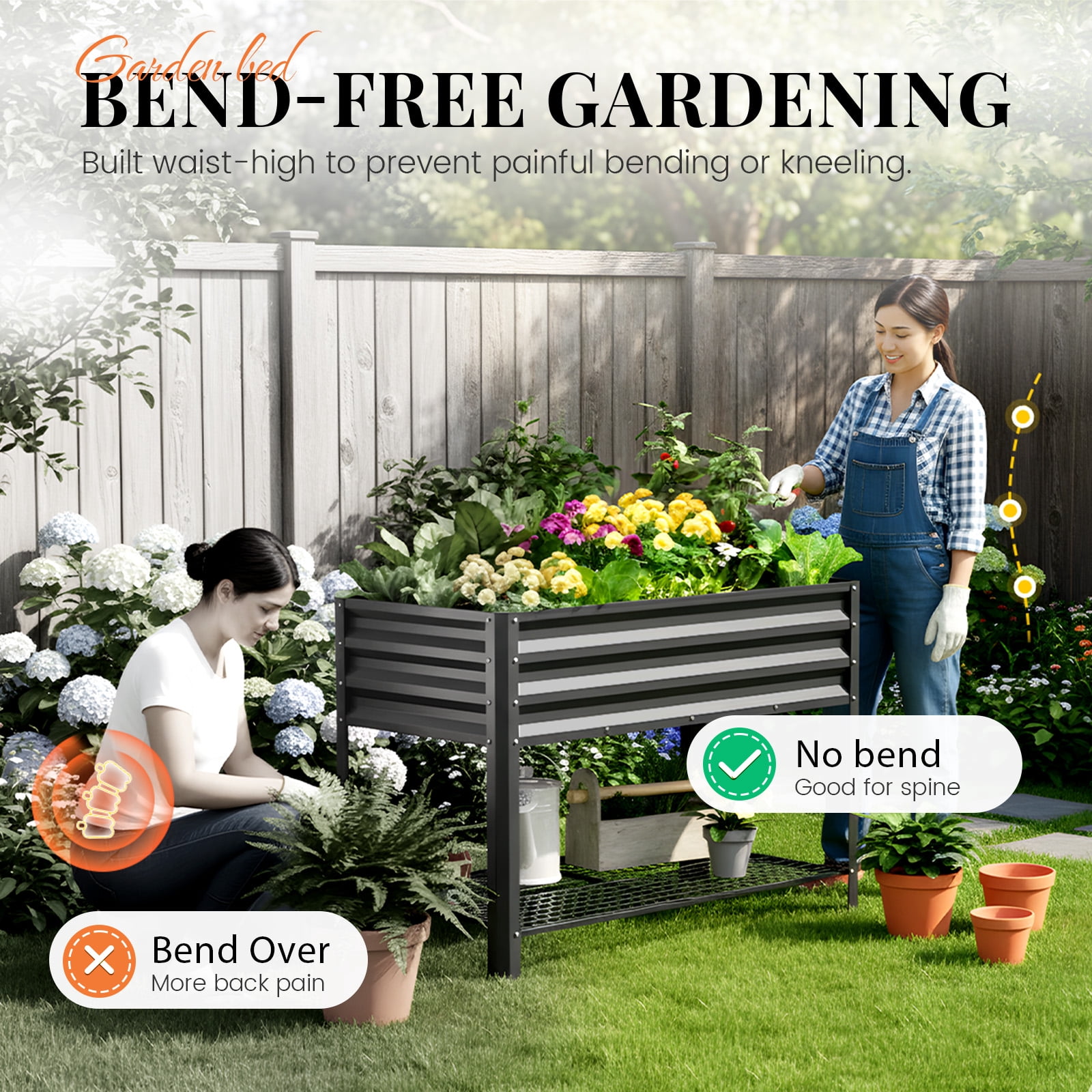 King Bird Galvanized Steel Raised Garden Bed Kit with Storage Shelf 47.2"x22.8"x31.5" Metal Planter Box, Elevated Garden Bed with Drainage Holes Outdoor for Vegetables Flowers Dark Gray