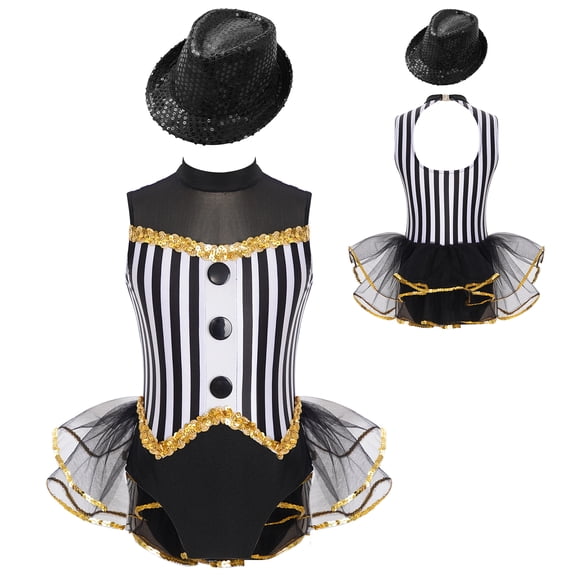 TiaoBug Sequins Jumpsuit for Girls Jazz Dance Performance Outfit Sleeveless Striped Tutu Dress with Sequin Hat Black 6