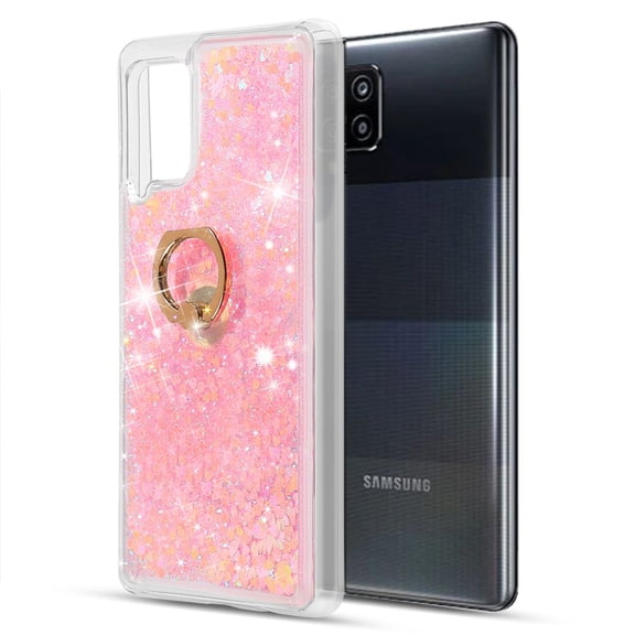 Bemz Waterfall Case for Samsung Galaxy A42 5G (Flowing Liquid Glitter Ring Kickstand Holder Protection Cover) with Touch Tool - Hot Pink & Green
