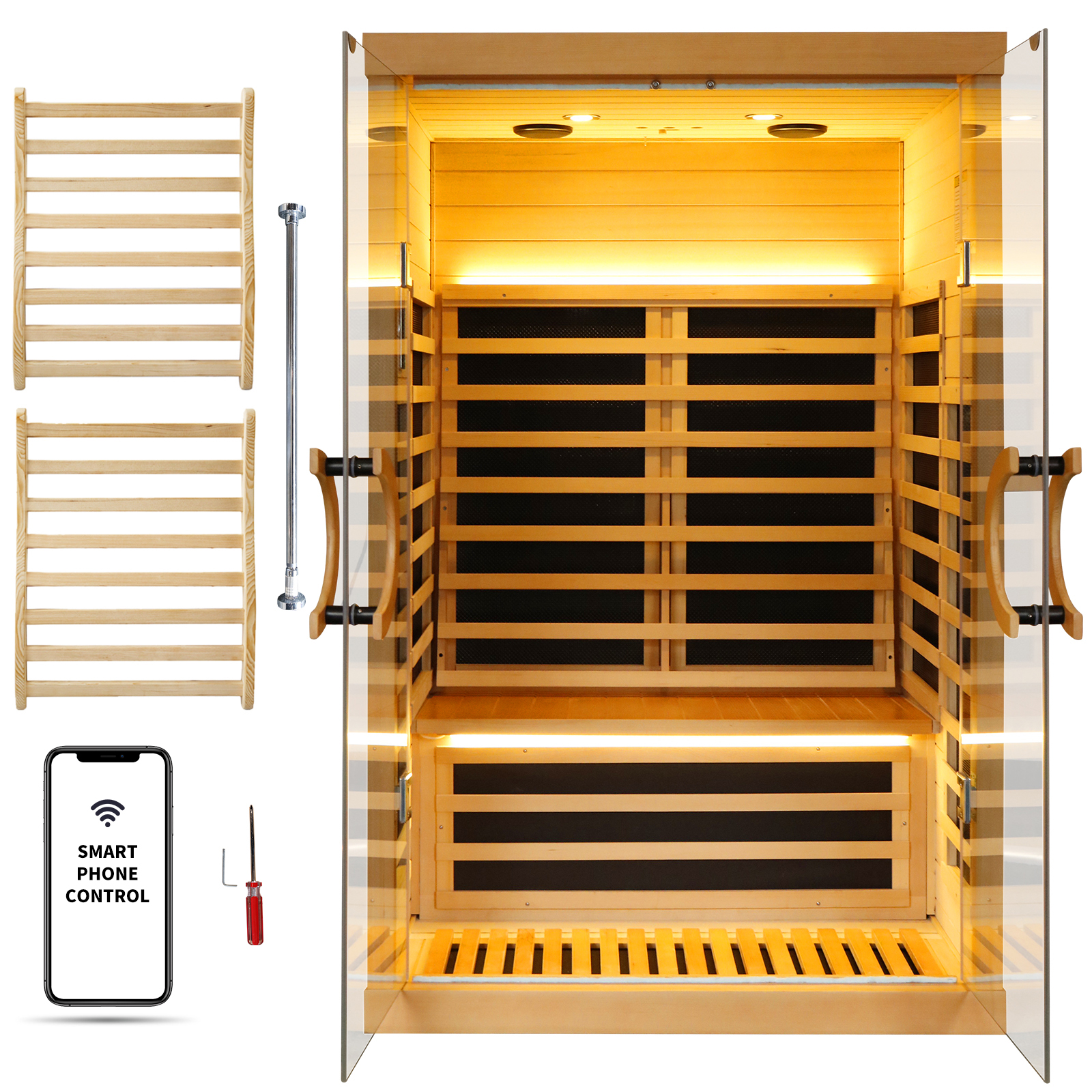 HOSAUNA 1980W LowEMF Far Infrared Sauna with 2 Backrests APP Control