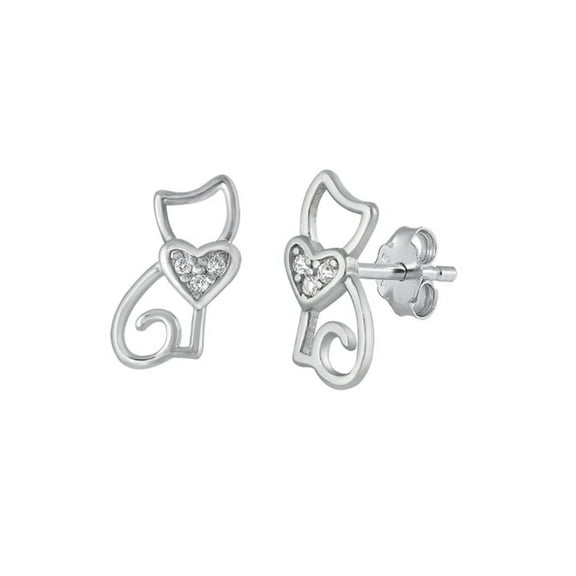 Cat Heart Earrings With CZ, 925 Sterling Silver Jewelry