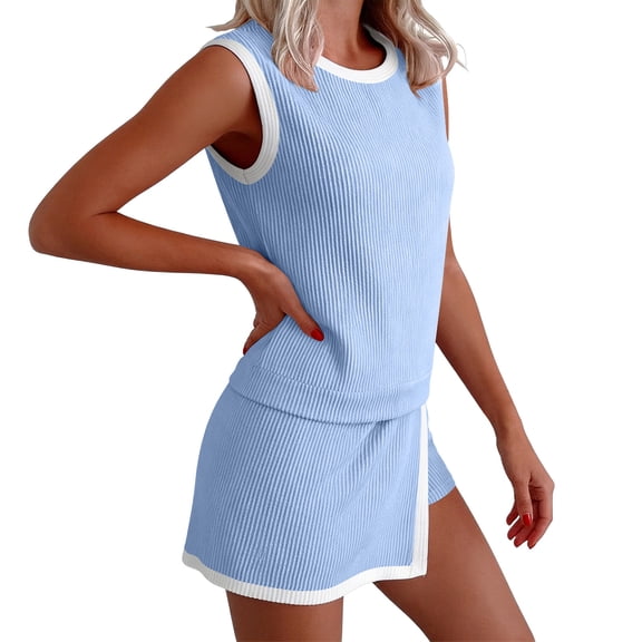 Workout Sets for Women Short Sleeve Women's Casual Fitness Color Block Split Back Solid Color Bodysuit Set Light Blue XL