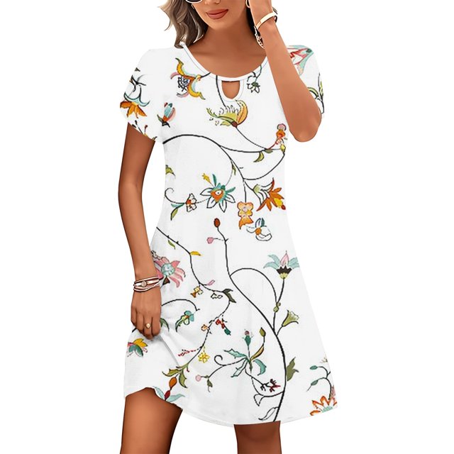 Puntoco Vestido De Cuello Redondo De Manga Corta Suelto Casual Con Estampado Botánico De Verano Para Mujer Blanco L,Regalos Para Mujer Joven