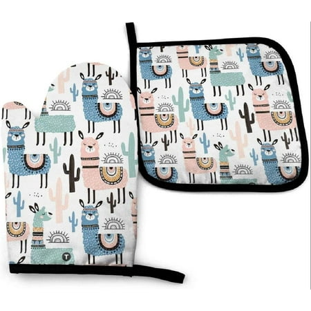 

Llama Cactus Heat Resistant Hot Oven Mitts & Pot Holders for Kitchen Gift Set with Non-Slip Textured Grip Set of 2 Oven Gloves for BBQ Cooking Baking Grilling