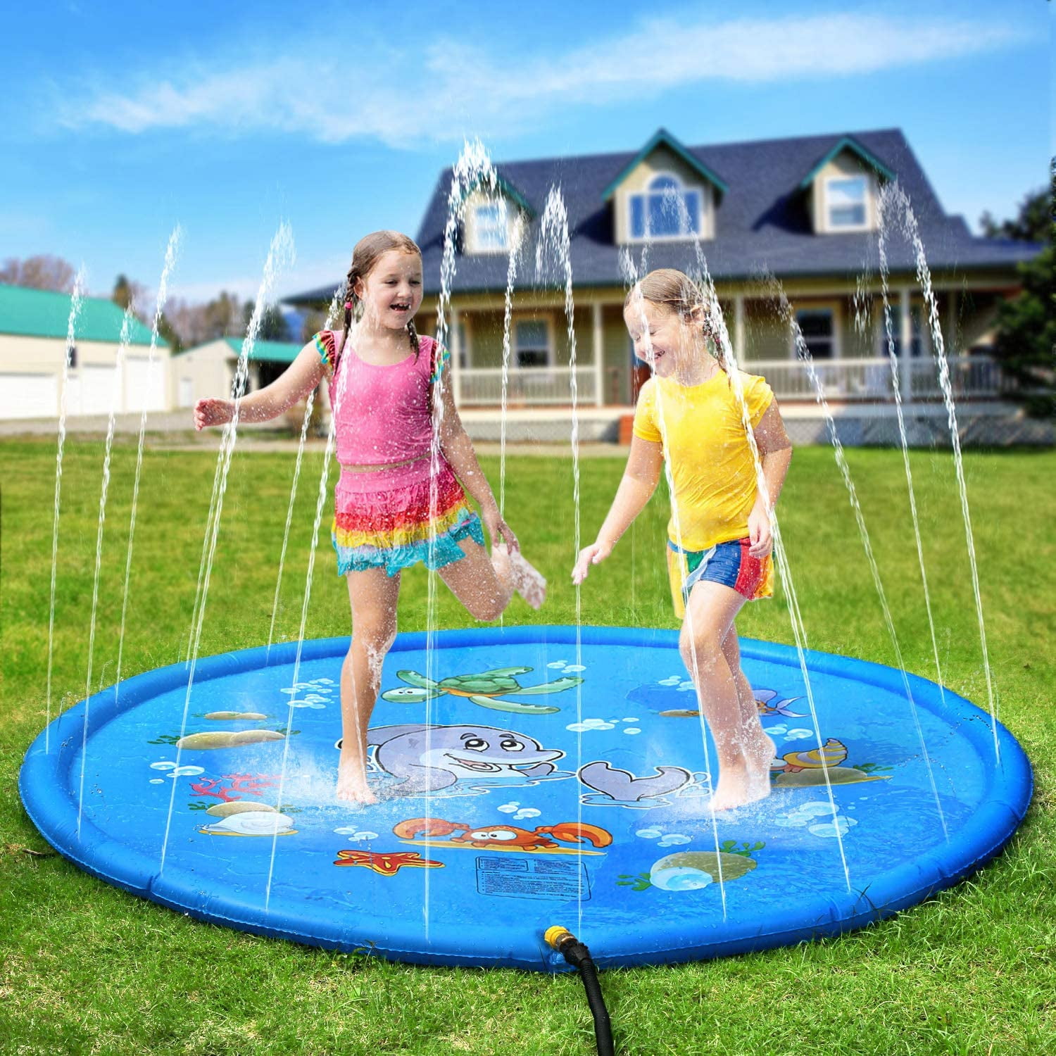 68 Inches PVC Sprinkle and Splash Play Mat for Summer Outdoor/Garden/Beach Water Spray Mat Toys Games Inflatable Sprinkler Pad for Kids 