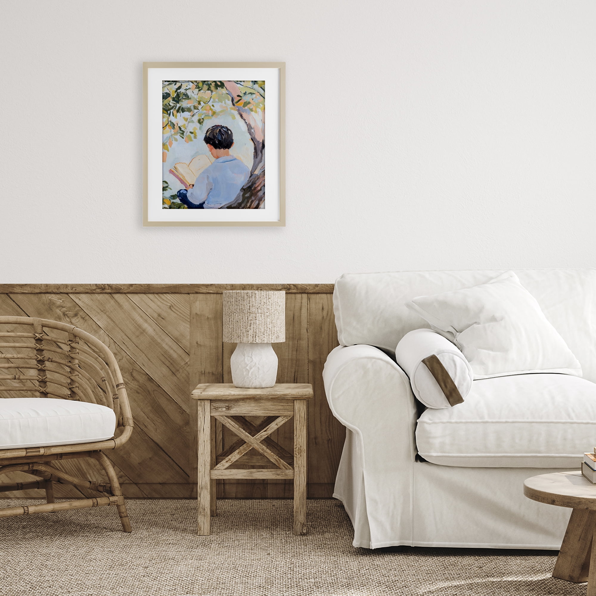 Stupell Industries Boy Reading in Nature Birch Framed Print Under Glass, design by The Prints Vibe