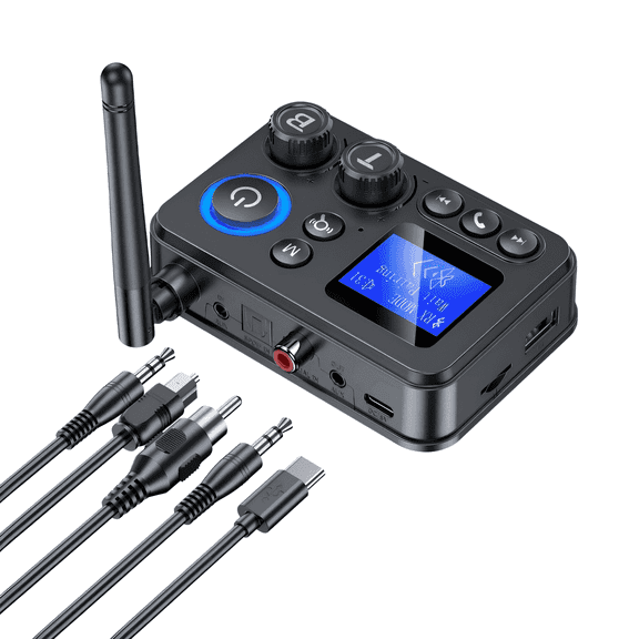 Bluetooth 5.4 Audio Receiver Transmitter - 20M HiFi Low Latency Adapter with 1.44" Screen, Type-C/RCA/3.5mm AUX/Coaxial/SPDIF for TV/Home Stereo