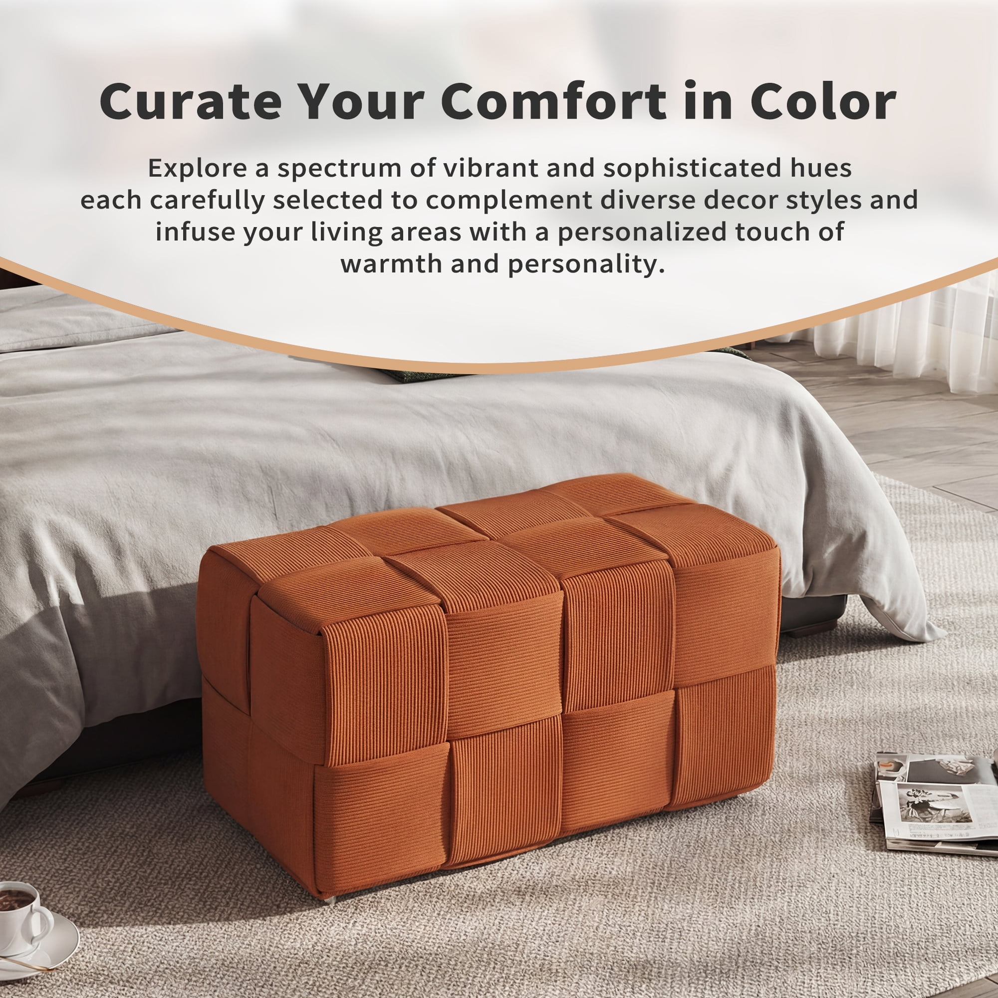 Corduroy Ottoman Foot Rest, Square Upholstered Stool with High-Density Foam and Wood Frame, 300 Lbs Capacity, Multi-Purpose Footstool for Living Room Bedroom Nursery, Brown