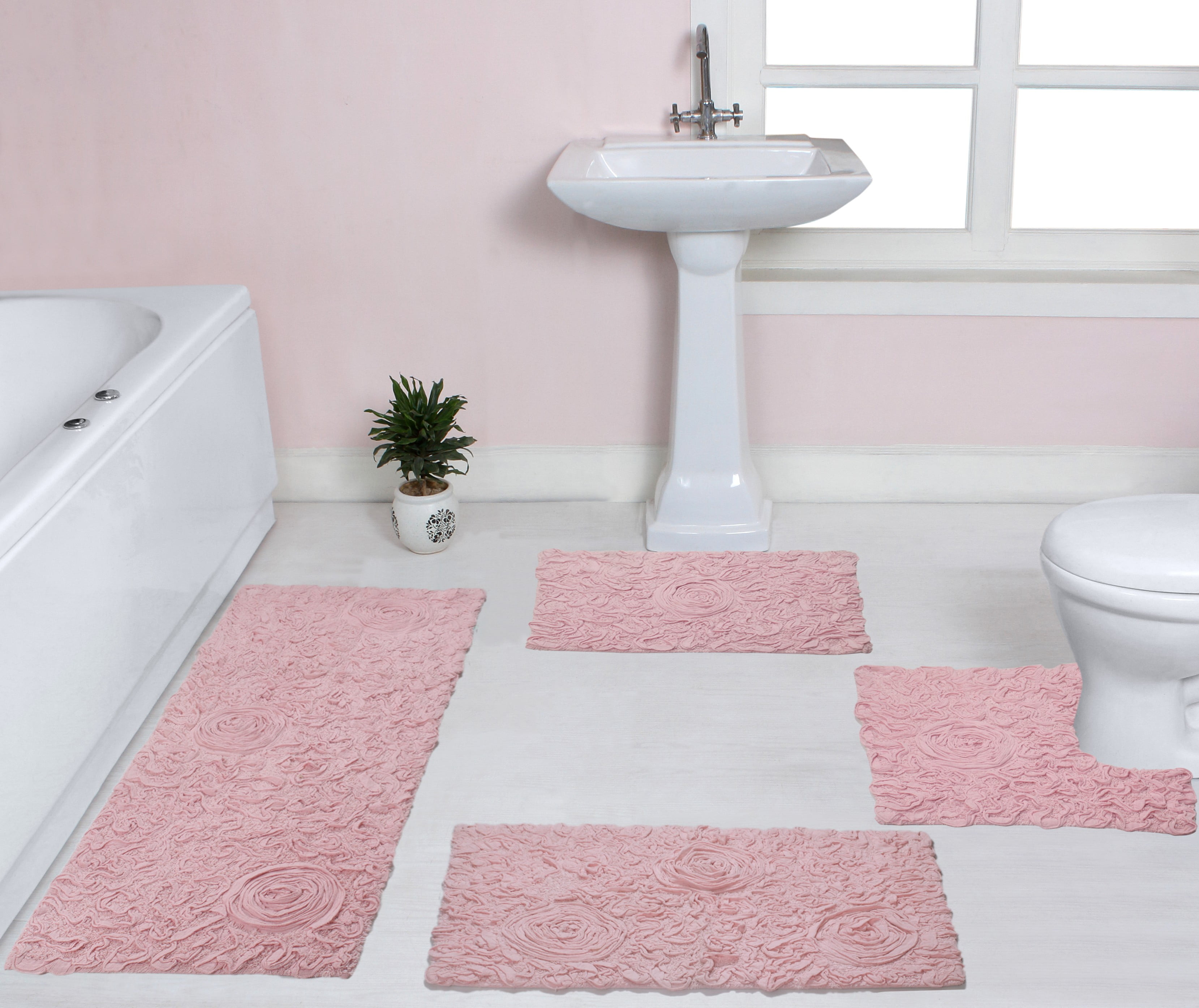Home Weavers Bell Flower Collection Absorbent Cotton Soft Bathroom Rug 4 Piece Set with