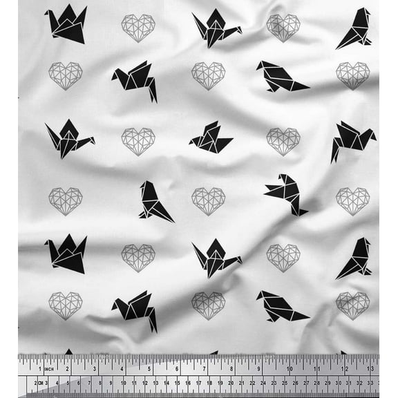 Soimoi Black Cotton Voile Fabric Heart & Paper Bird Art & Craft Printed Fabric 1 Yard 42 Inch Wide